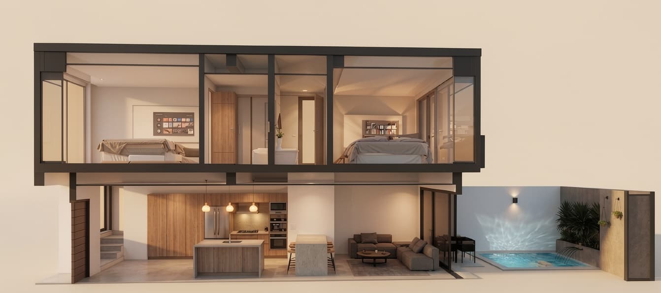 Cross-section of a Noordside townhouse showing both floors and the private pool