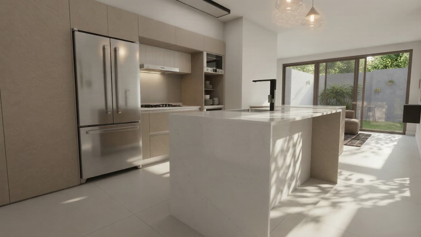 Kitchen with marble island by daylight