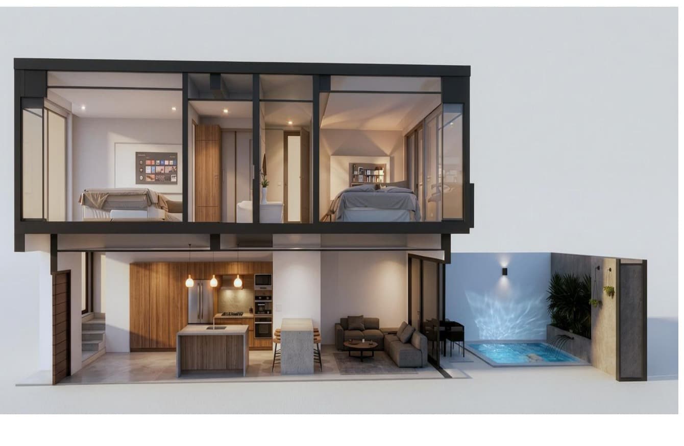 Unit B10 cross-section rendering, both floors and pool